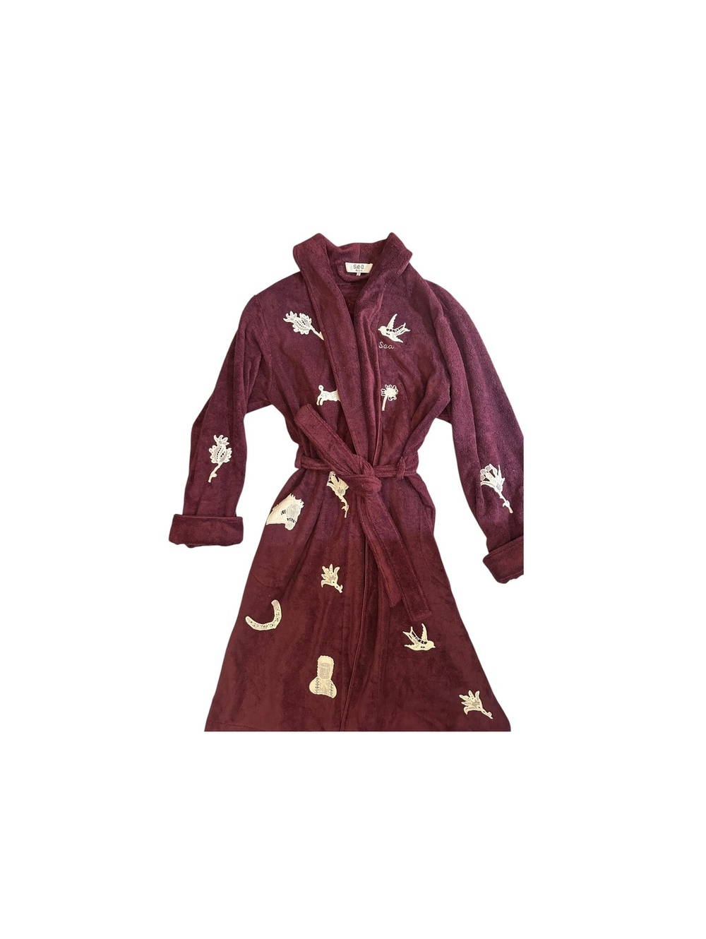 Sea New York Embroidered Cotton Terry Cloth Robe Burgundy Size L/XL
